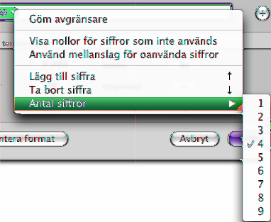 När du har lagt till ett heltalselement till ett anpassat numeriskt format kan du markera det, klicka på formatets triangel och använda alternativen i popupmenyn till att anpassa elementets