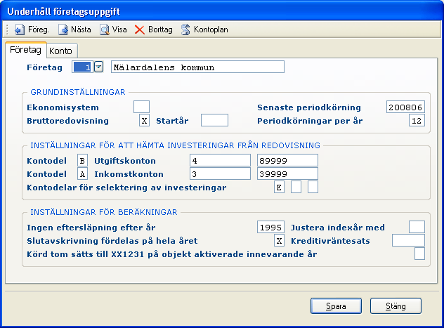 Anläggningsredovisning 21 3.1.2 Inmatningsfält flik företag Företag Det företagsnummer som uppgifterna ska läggas in under anges med maximalt 3 siffror.