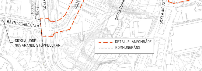 Sida 4 (17) Figur 2. Detaljplaneområdet Från att korsat Sicklavägen går Spåret vidare norrut längs Uddvägen där det, förutom spårområde, också planeras för kör- och gångytor.