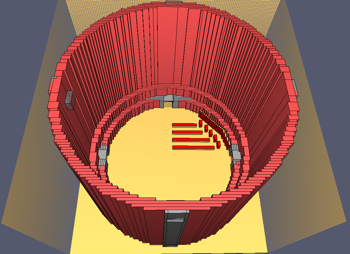 En förenklad uppbyggnad av geometrin som används vid simulering av ett dimensionerande brandscenario för bokhall 301 visas i figur 42 nedan. Figur 42.