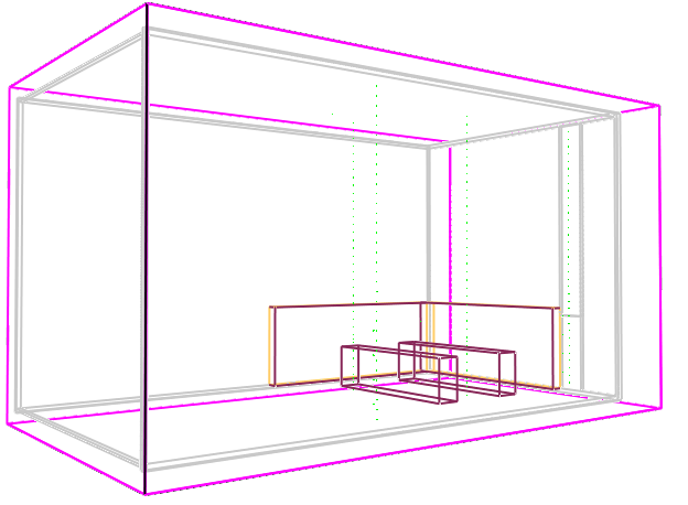 En förenklad uppbyggnad av geometrin som används vid simulering av ett dimensionerande brandscenario för facksalen visas i figur 51 nedan. Figur 51. Beräkningsdomän som används vid simulering i FDS.