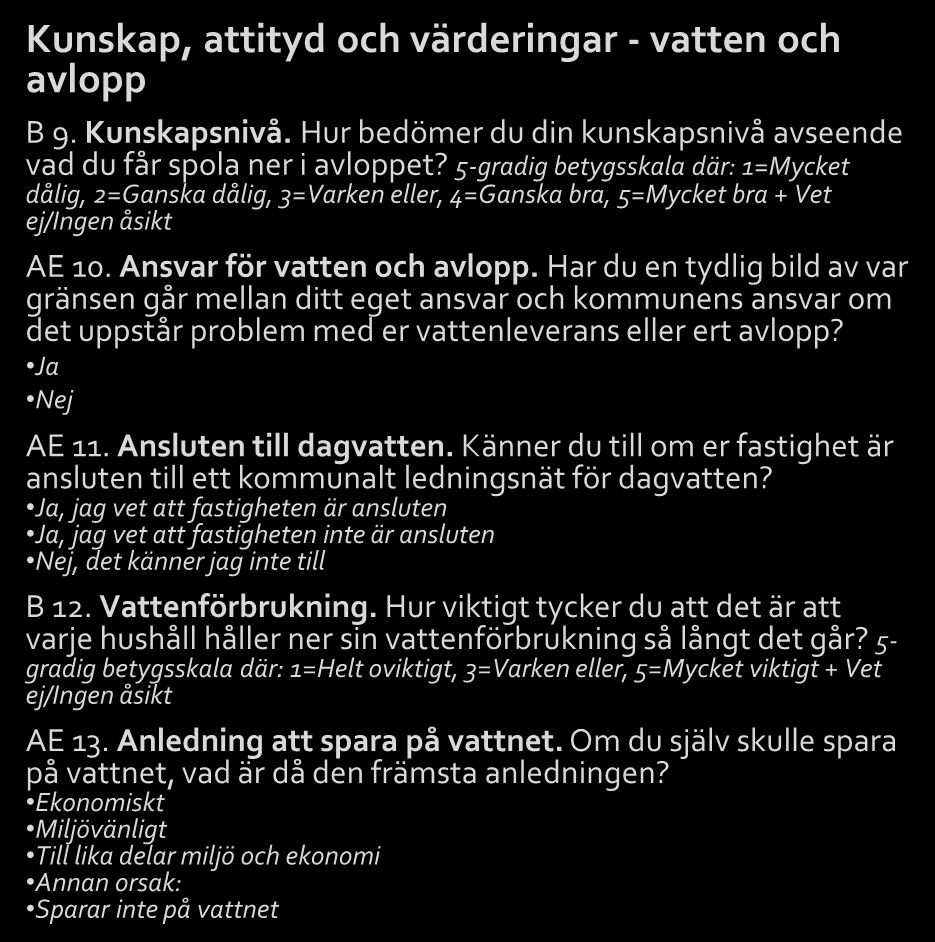 Samtliga frågor 2(3) Förklaring till koder för frågetyper: B = betyg, AE = alternativ enval, YN = Ja eller nej, F = fritext Kunskap, attityd och värderingar - vatten och avlopp B 9. Kunskapsnivå.