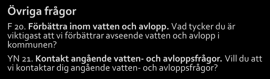 Samtliga frågor 3(3) Förklaring till koder för frågetyper: B = betyg, AE = alternativ enval, YN = Ja eller nej, F = fritext Attitydfrågor köpt dricksvatten på flaska AE 17. Vatten ur hälsosynpunkt.