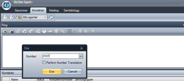 Alternativ 1 slå numret och ring upp som vanligt på telefonen. Samtalet kommer att visas under fliken Sessioner i BluStar Agent.