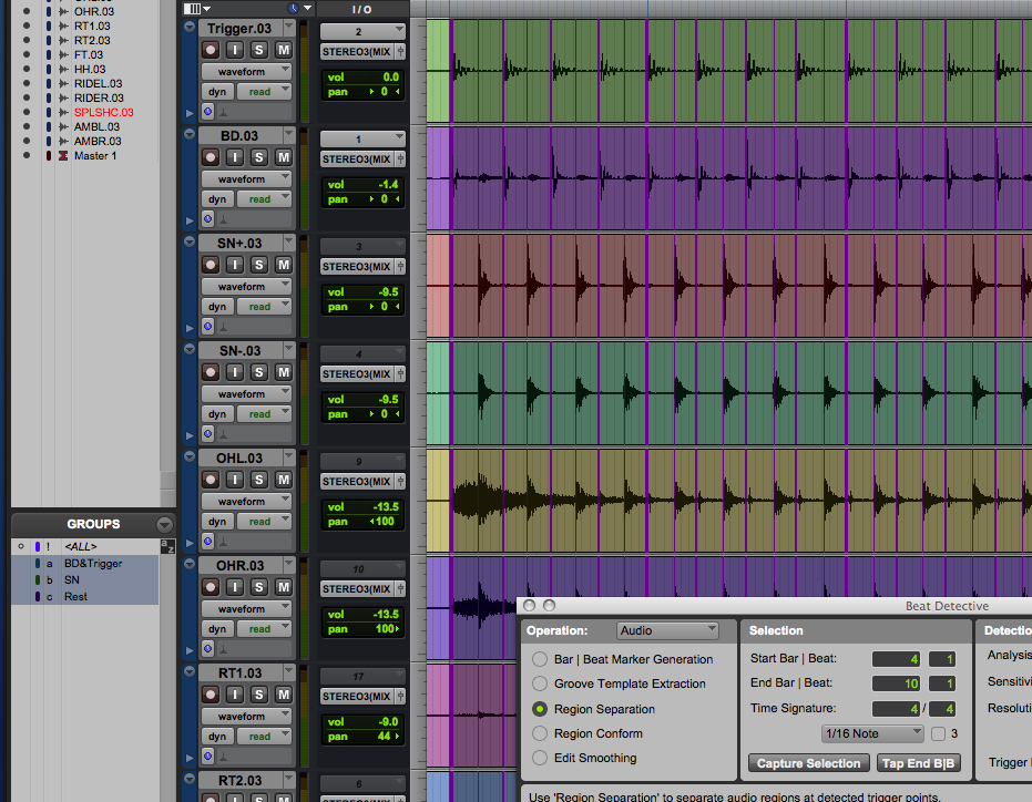 Bild 2. Grupperingar. Tack vare grupperingarna har Beat Detective analyserat spåren Trigger.03 & BD.03 identiskt samt SN+.03 och SN-.03 på samma sätt.