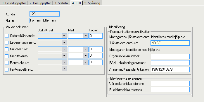 E-fakturor till privatpersoner Ange tjänsteleverantörs-id, enligt bankernas standard. Exempel NB.SE samt elektronisk adress på mottagaren dvs personnr 198712345678. Viktigt är att banknamnet även har.