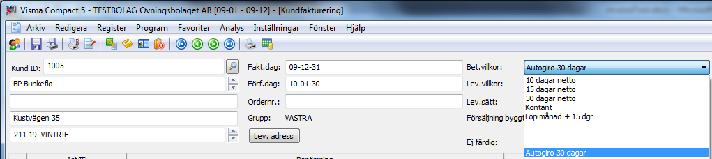 Kundregister Registrera autogiro på utvalda kunder enligt nedanstående exempel, ändra betalningsvillkor till exempelvis Autogiro 30 dagar.