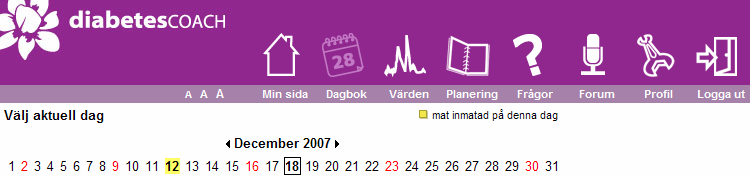 Så här fungerar DiabetesCoach Överst på alla sidor finns menyn där du väljer vad du vill göra i Coachen A A A Öka/minska storleken på texten.