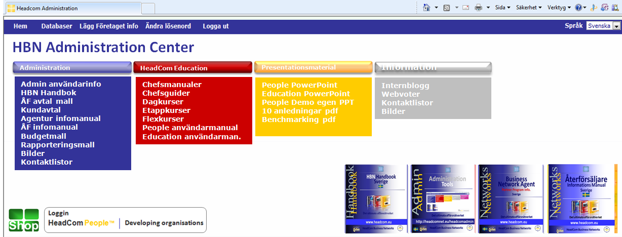 Administrationssidan har följande huvudmeny: - Genererar databaser - Administration - HeadCom Education - Presentationsmaterial - Informationsdokument - Internblogg - HBN Handbok - Loggin till HC