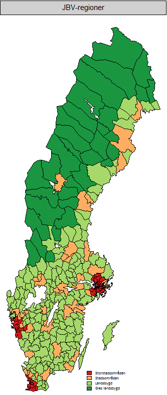 Figur 1. karta som visar jordbruksverkets definition av landsbygd I enkätundersökningen användes inte Jordbruksverkets definition då den är svår att applicera i en enkät.