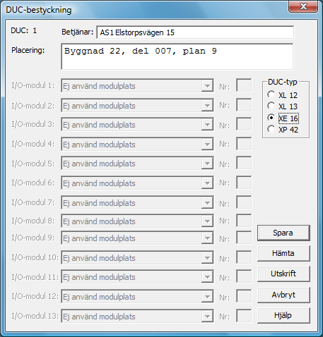 Konfigureringsmanual BAS2 styr Sidan 21 uppgifter om vilken DUC-typ som används, och för XL-DUC:arna, hur I/O-modulerna är placerade i respektive DUC.