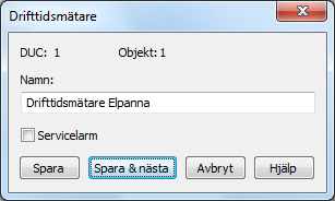 Konfigureringsmanual BAS2 styr Sidan 36 Drifttidsmätarobjekt Drifttidsmätarobjekt används för att mäta tid, oftast hur länge någon maskin har varit i drift. Det kan t.ex. vara en pump eller en fläkt.