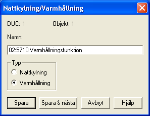 Konfigureringsmanual BAS2 styr Sidan 42 Nattkylning/Varmhållning Detta objekt kan användas för nattkylning (kallas ibland för sommarnattskyla) eller för varmhållning (kallas ibland för