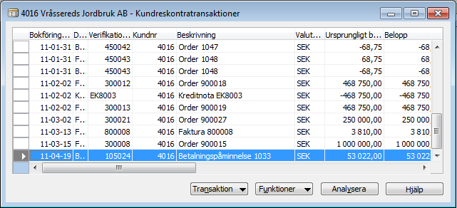 Om samtliga påminnelser skall bokföras raderas numret i fältet Filter. På fliken Inställningar kan du välja att få utskrift av påminnelsen samt ändra bokföringsdatumet.