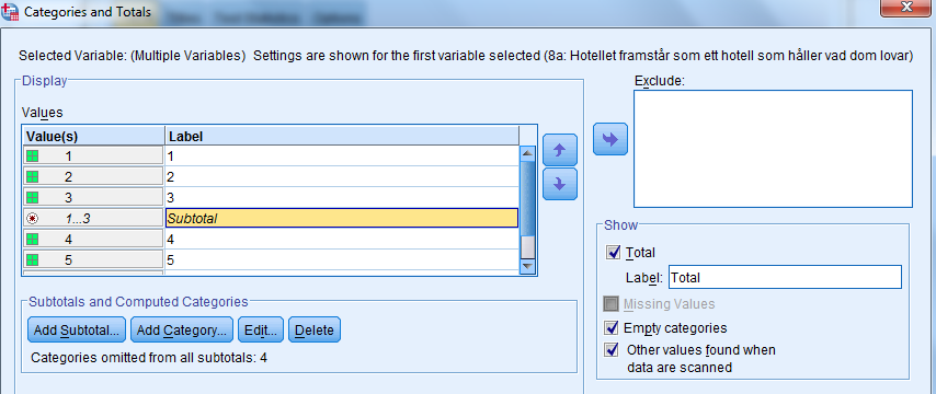 få en sammanställning i en enda tabell. Öppna dialogrutan i Tables igen. Klicka på Reset och välj All tabs. Du ska nu ha ett helt rent fält. Markera variabel 8a.