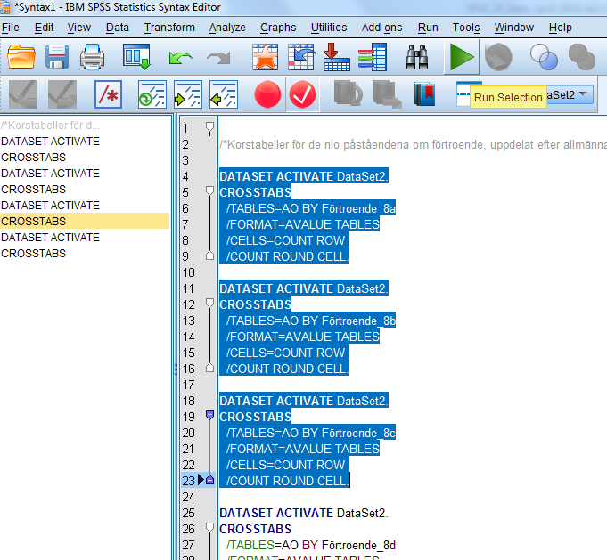 delar du vill köra och därefter välja Run/Selection eller bara klicka på snabbknappen som ser ut som en playknapp i grönt, se: Sådär, då har du fått en liten inblick i Syntax.