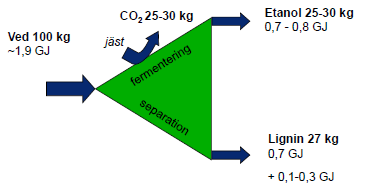 Sida 51 I Sverige är råvarorna för etanol: brännved samt grenar & toppar samt stubbar. Med dagens teknik kan detta ge etanol motsvarande 20-30 % av dagens bensin och dieselbehov.