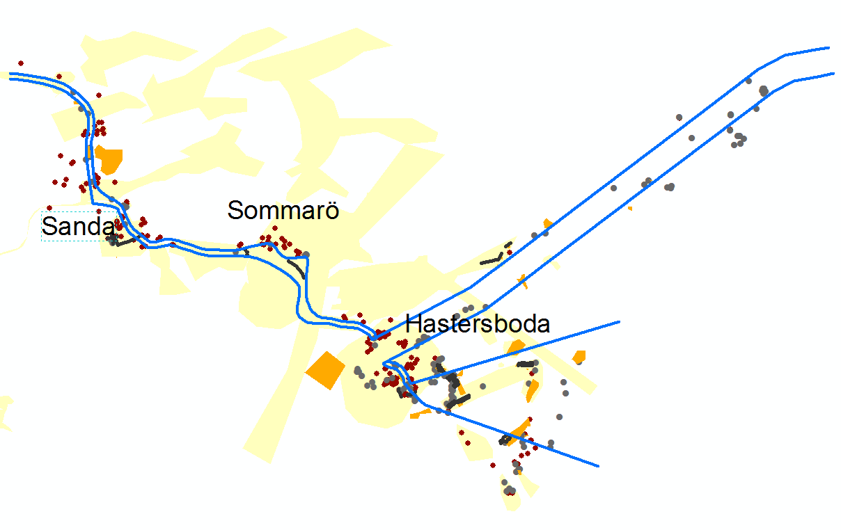 Bilaga 3 Vattenmiljö Resultat från inventering Bottenvegetation: Täckningsgrad av relevant bottenvegetation medelhög i Hastersboda och Källsholmen, lägre vid Styrskär och låg vid Brändöbron Inga