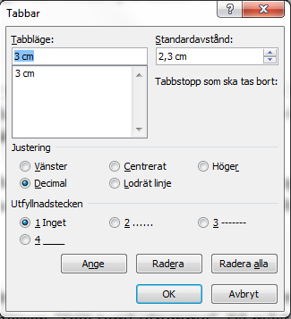 Ställa in tabbar Du ställer enkelt in en tabb genom att först välja vilken typ av tabb du önskar (klicka alltså fram rätt symbol bland dem ovan) och sedan klicka på linjalen där du vill ha din tabb.