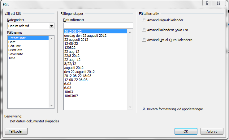 Infoga datum som uppdaterar sig I exemplet nedan ser du hur du infogar datum från Fält: Klicka på Snabbdelar på fliken Infoga. Klicka på Fält. I Kategorilistan; välj Datum och Tid.