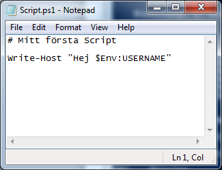 Skript Vi kommer nu att gå in i detalj på hur vi skriver skript i PowerShell. Ett skript är en samling av kommandon och funktioner som lagras i en fil och som kan exekveras genom att kalla på filen.