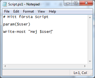Vi kan även placera oss i samma katalog som skriptet och skriva.\script.ps1.\script.ps1 Hej Niklas I exemplet ovan används.\ för att tala om att vi kör skriptet från aktuell katalog.