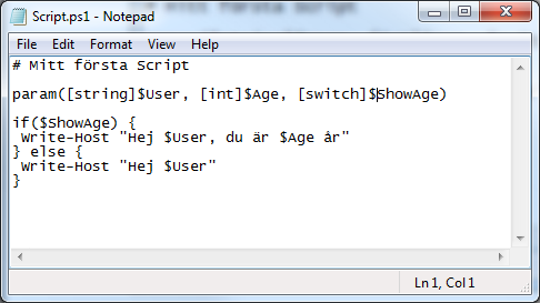 När vi nu använder skriptet kan vi ange parametern user och ge den ett argument..\script.ps1 -User Niklas Hej Niklas.\Script.