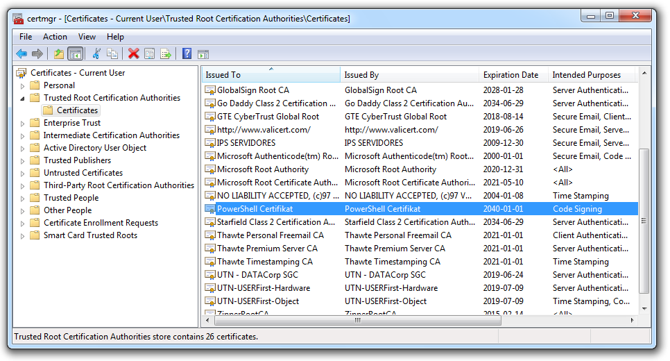 Nu kan vi se att vår certifikatsauktoritet skapats i certmgr.msc. Vi kan även få fram informationen i PowerShell genom providern för cerifikat. ls cert:currentuser\root Where { $_.