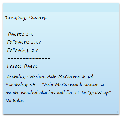 $User = "techdayssweden" $Text = "TechDays Sweden", [char]10, "--------------", [char]10, "Tweets: $((GetTweets $User).Count)", [char]10, "Followers: $((GetFollowers $User).