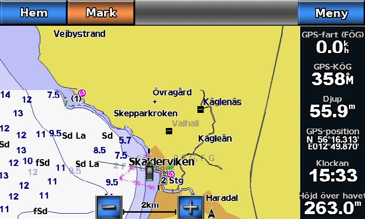 Välj Mätområde för att ställa in den uppmätta radien för säkerhetsringen till ett angivet avstånd från 150 m till 3,0 km (eller från 500 fot till 2,0 nm, eller från 500 fot till 2,0 mile). 3. Välj ett avstånd.