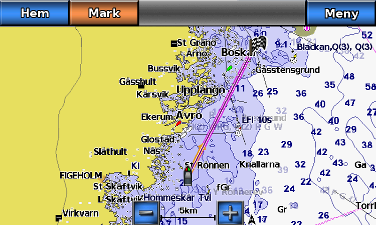 Vart? Använd alternativet Vart? på skärmen Hem för att söka efter och navigera till närliggande tjänster för bränsle, reparation och annat, samt som waypoints och rutter som du har skapat. Vart? Marina servicedestinationer Plottern innehåller information om tusentals destinationer som tillhandahåller marina tjänster.