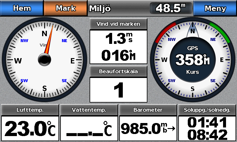 Almanacks-, båt- och miljödata Miljömätare Visa miljömätare På skärmen Hem väljer du Information > Mätare på instrumentbräd. > Miljö.