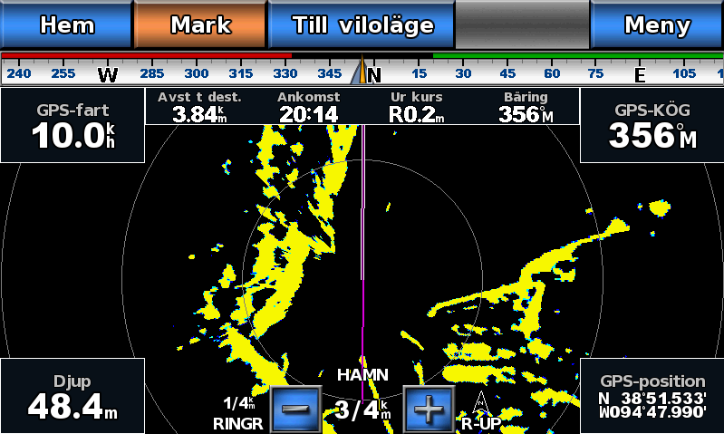 Radar 4. Så här slutför du en åtgärd: Välj Hög, Medium eller Låg för att minska eller öka visningen av regneko om du använder radarn GMR 20, 21, 40, 41, 18, 18 HD, 24, 24 HD, 404 eller 406.