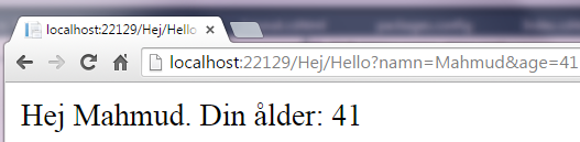 Skapa en ny Action-metod public class HejController : Controller public ActionResult Index() return View(); Hur ser URLen ut för metoden Hello()?