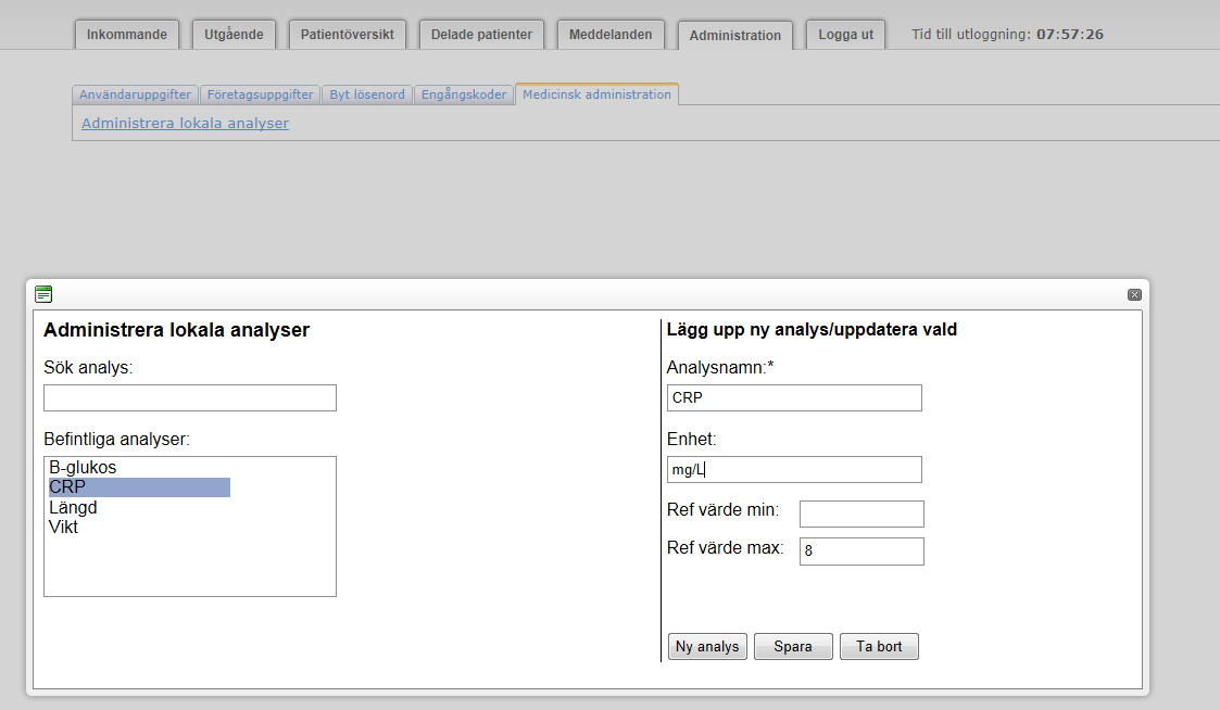 Lokala analyser registrering via Patiento versikt Om du vill registrera svar på lokala analyser på en patient utan att först skapa en beställning gör du på följande sätt: Välj patient antingen genom