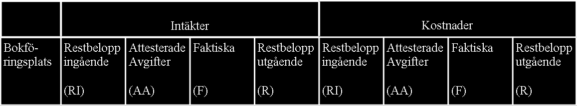 Kameral redovisning bygger på att åtta kolumner används istället för två kolumner en debet och en för kredit som vid Kommersiell redovisning, se Figur 3.