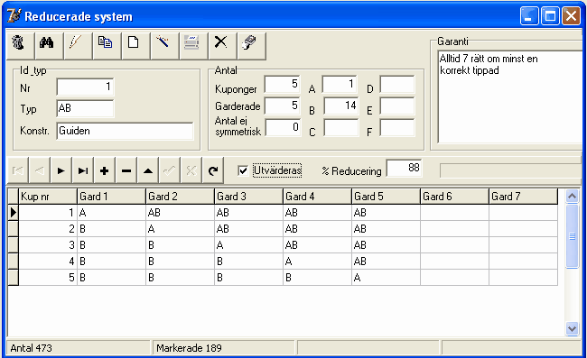 167 6.1 Travstatistik Reducerade system Programmet skriver ut traditionella reducerade system av typen AB, ABC med ända upp till ABCDEF grupper i systemen.