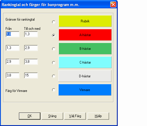 217 Travstatistik 8.3.1 Stabilitet Banprogram ABCD-statistik Välj färg Du kan välja färg för Rubrik (rubrikfältet i banprogrammet) A,B,C,D-hästar och vinnare.