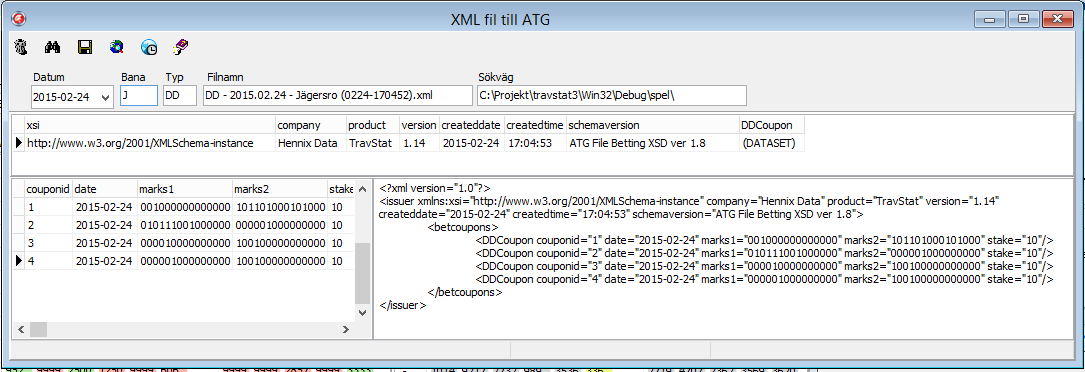 Program 4.3.6 40 Inlämning till ATG För att lämna in DD eller LD till ATG med XML fil klickar du på denna knapp. XML filen till ATG skapas med en Delphi komponent som heter XMLTransformProvider.