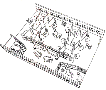 Bild 5 - Kombikontoret (Axéll&Warnander, 2005) 1990-talet Utformningen av kontorslandskapet under 90-talet berodde på IT-sektorns expansion, vilket utmärktes av ett samhälle som skulle kunna arbeta