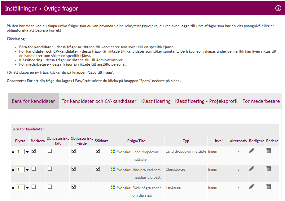 Medarbetareklassificering - dessa frågor är skapade på samma vis som frågetypen kallad Klassificering, dock uppvisas dessa frågor enbart inne i en medarbetares ansökan.