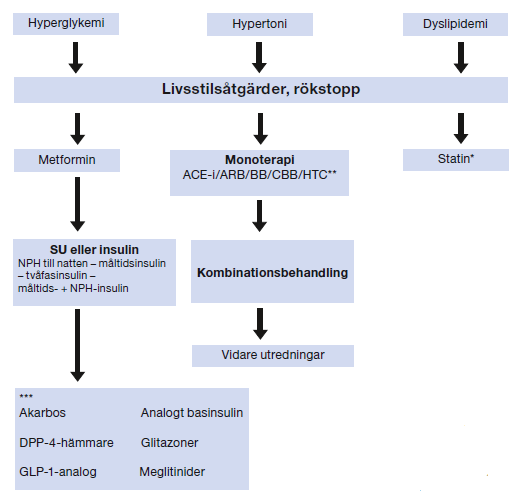 VÅRDPROGRAM 19 (43) 4.2 Behandlingsalgoritm vid typ 2-diabetes *I första hand generiskt simvastatin ** Läkemedelsvalet styrs bl.a. av kontraindikationer, njurfunktion, hjärtsjukdom och förmåner/rabatter.