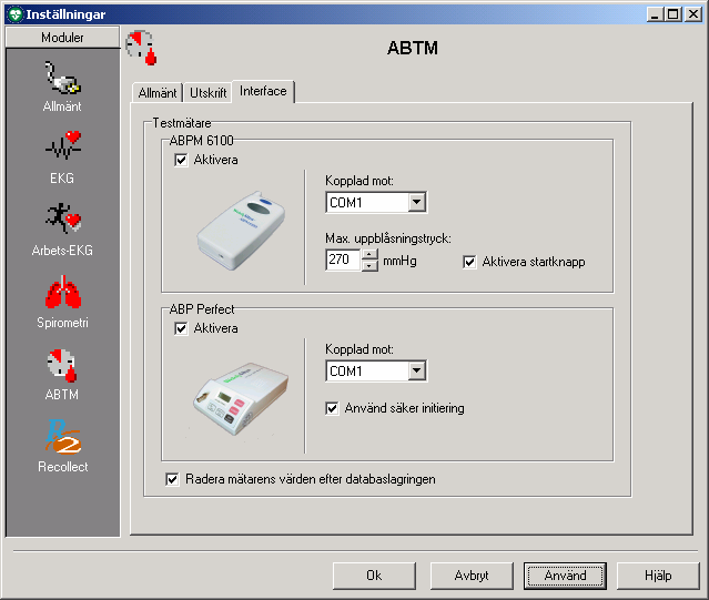 6.4 ABP-inställningar fliken Interface På fliken Interface väljer du inspelningsenhet och COM-port till ABP-mätaren.