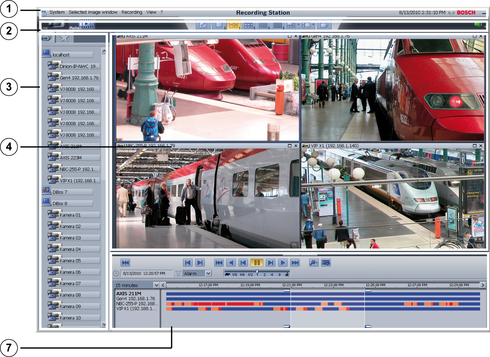 Bosch Recording Station Användargränssnittet sv 7 Uppspelningsläget 1 Menyrad med aktuellt datum och tid (se Sektion 2.1 Menyraden (Liveläge)) 2 Visningsalternativ (se Sektion 2.