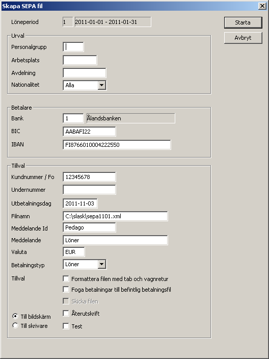 HANDBOK pedago l ö n 98 Du kan även återta hela körningen. Skapa betalningsfil Programmet kan skapa en fil med betalningar, i format enligt ISO20022, för lönebetalningar inom SEPA-området.