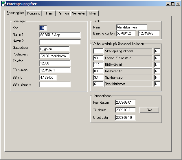 HANDBOK pedago l ö n 20 Registrera företagsuppgifter Fliken Grunduppgifter I detta menyalternativ lägger du upp det aktuella företagets grunduppgifter. Kod. Koden för företaget är valfri.