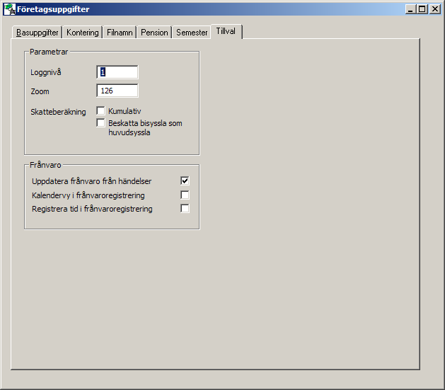 BASUPPGIFTER 25 Fliken Tillval Här matar du in diverse parametrar som styr hur programmet fungerar. Felsökning. Loggnivå är en funktion för felsökning.
