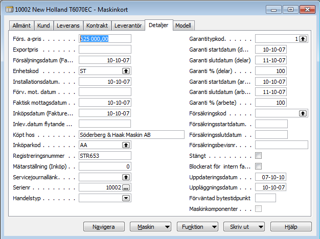 När en ny maskin upprättas, kan du mata in garantitypen manuellt. Om det finns garantitypkod på maskgruppen kommer denna att föreslås när maskinen upprättas.