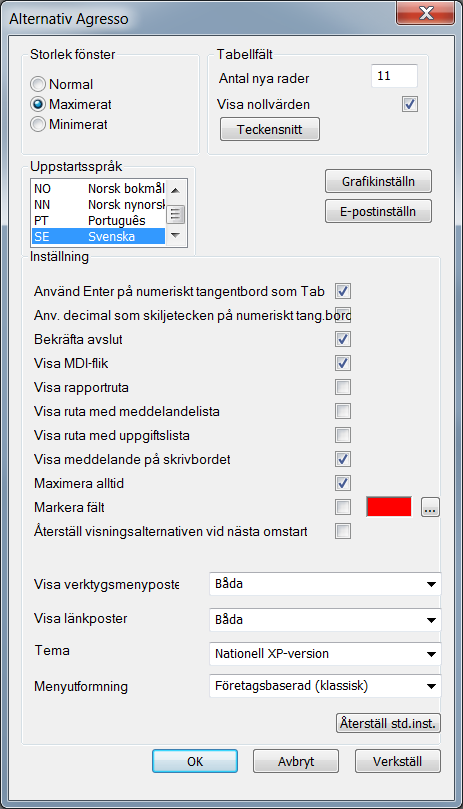 4.1.2 Fältförklaringar för användargränssnittet i Alternativ Fönsterstorlek Låter dig specificera hur programmet Agresso visas efter inloggning. Värden är Normal, Maximerad och Minimerad.