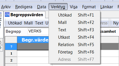 Exemplet nedan tar fram alla värden som är inlagda för begreppet VERKS. Längst ut till höger i bilden finns en kolumn för status (S).